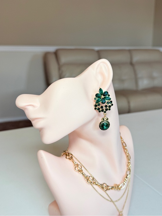 Anthropologie Jewelry - Gold & Green Crystal Floral Drop Earrings